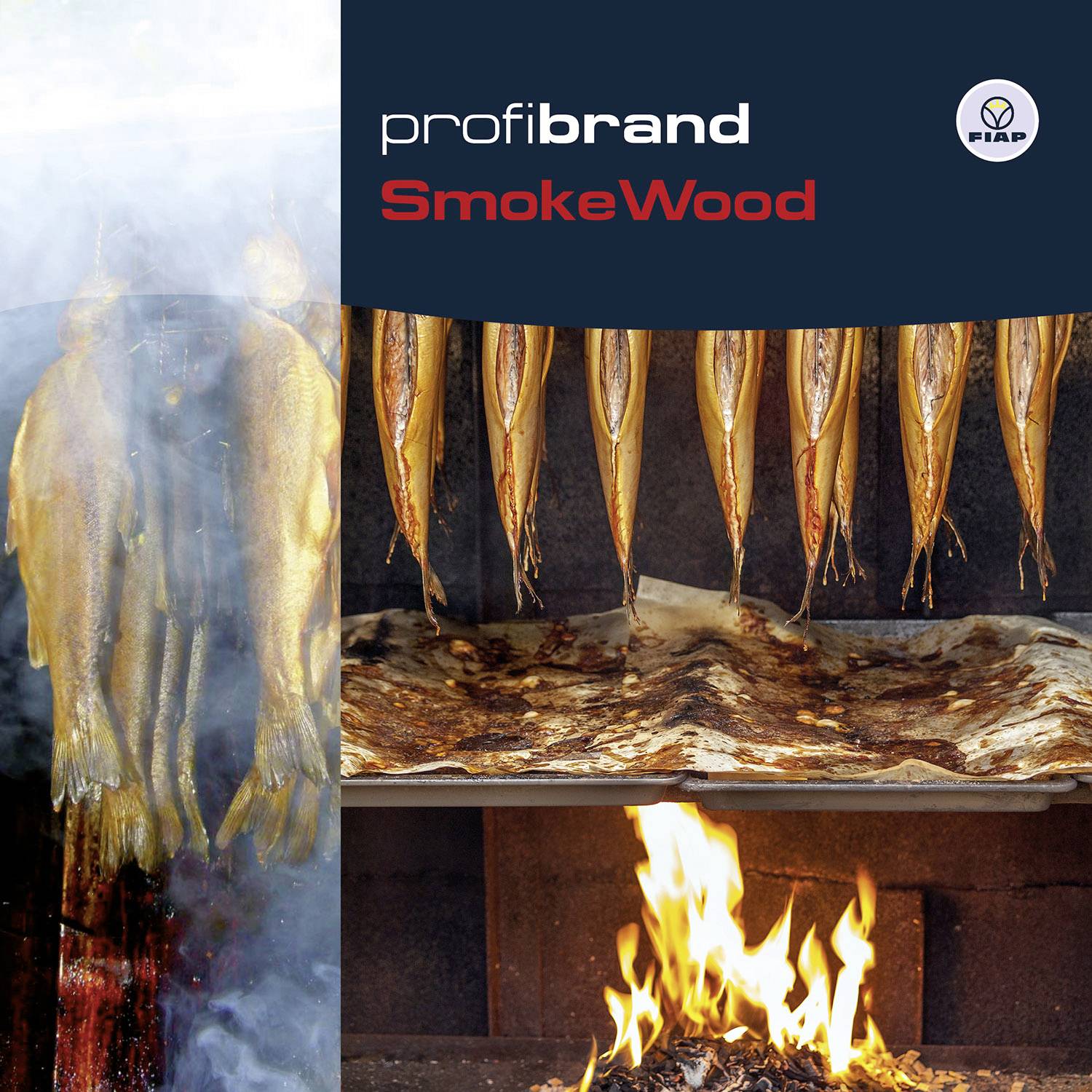 'ProfiBrand SmokeWood' shows smoked fish over an open fire. The background is dark and emphasises the glowing flames.