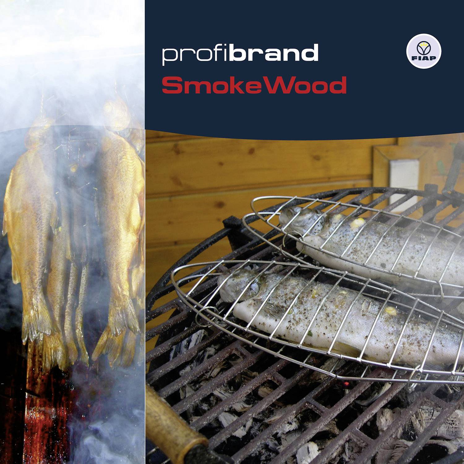 Smoker with fish on a grill and hanging in smoke. Text: 'profibrand SmokeWood'. Brand logo in top right corner.