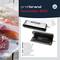 'NovaVac 300' vacuum sealer by profi brand, shown with lid open. Functions: Dry/wet, seal only, seal. On the left: salmon fillets in film.