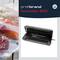 Vacuum sealer 'profibrand NovaVac 300' next to vacuum-packed salmon; product image shows device in open position.