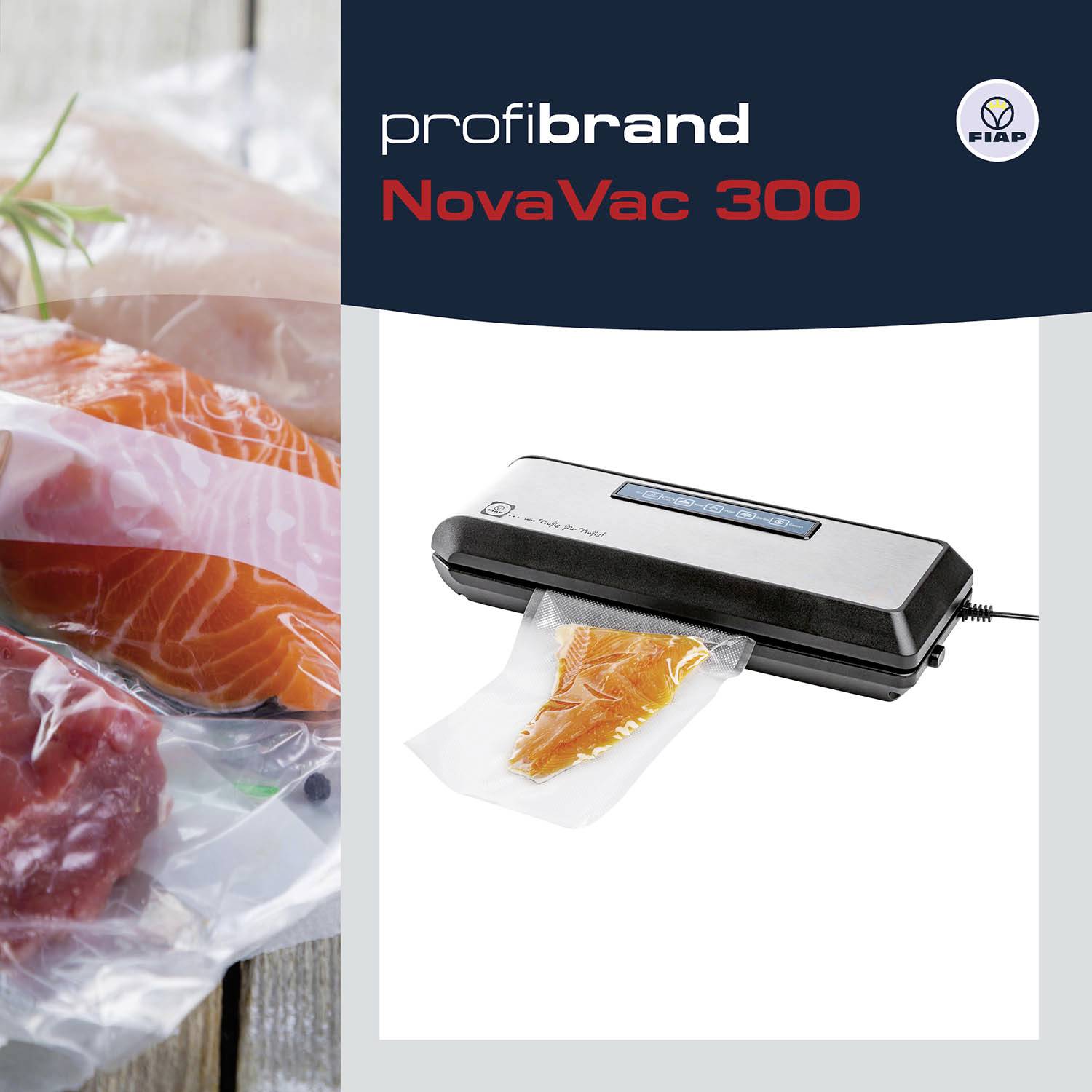 'NovaVac 300 Vacuum Sealer' seals salmon fillet in plastic film; product name on the right, sealed food on the left.