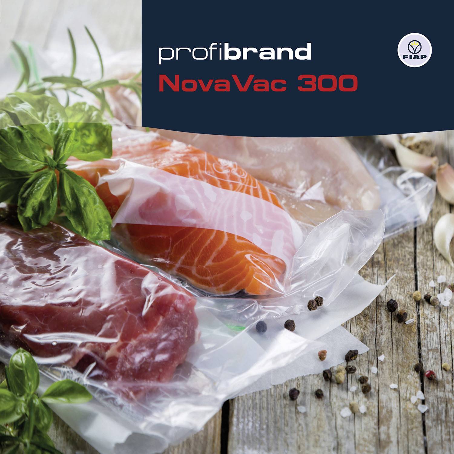'Vacuum-packed meat and fish, labelled with "profibrand NovaVac 300" from FIBAP. Spices and herbs in the background.'