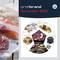 Packaged meat and fish pieces next to a graphic showing various food categories: 'Meat', 'Seafood', 'Fruit & Vegetables', 'Nuts & Snacks', 'Non-Food Items', 'Spices'.