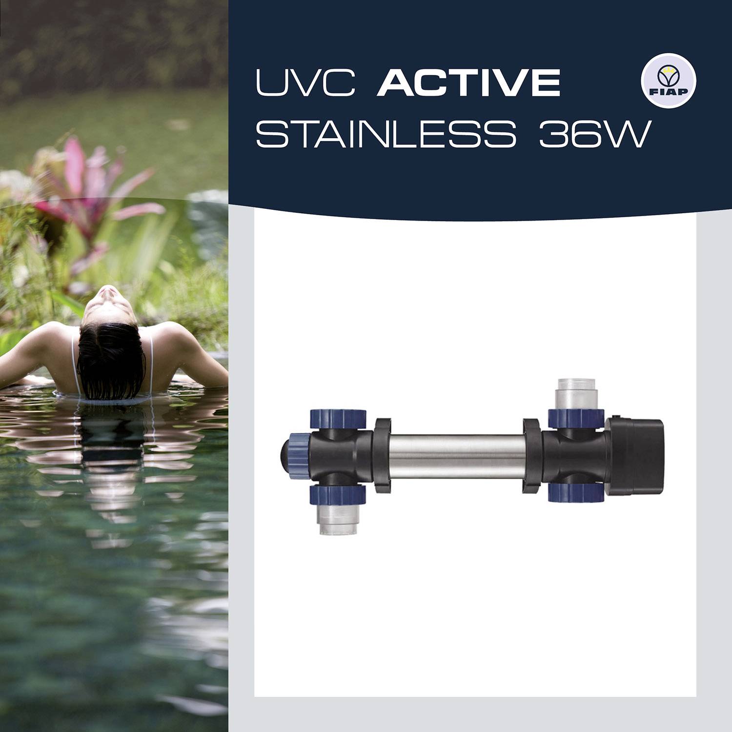 A person is relaxing in the pool. To the right, a technical representation of a UV-C stainless steel filtration system 'ACTIVE 36W'.