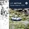 Promotional image of the FIAP Air Active SolarsIsland 100 pond aerator floating in shallow water, with bubbles and brand logo.<br>