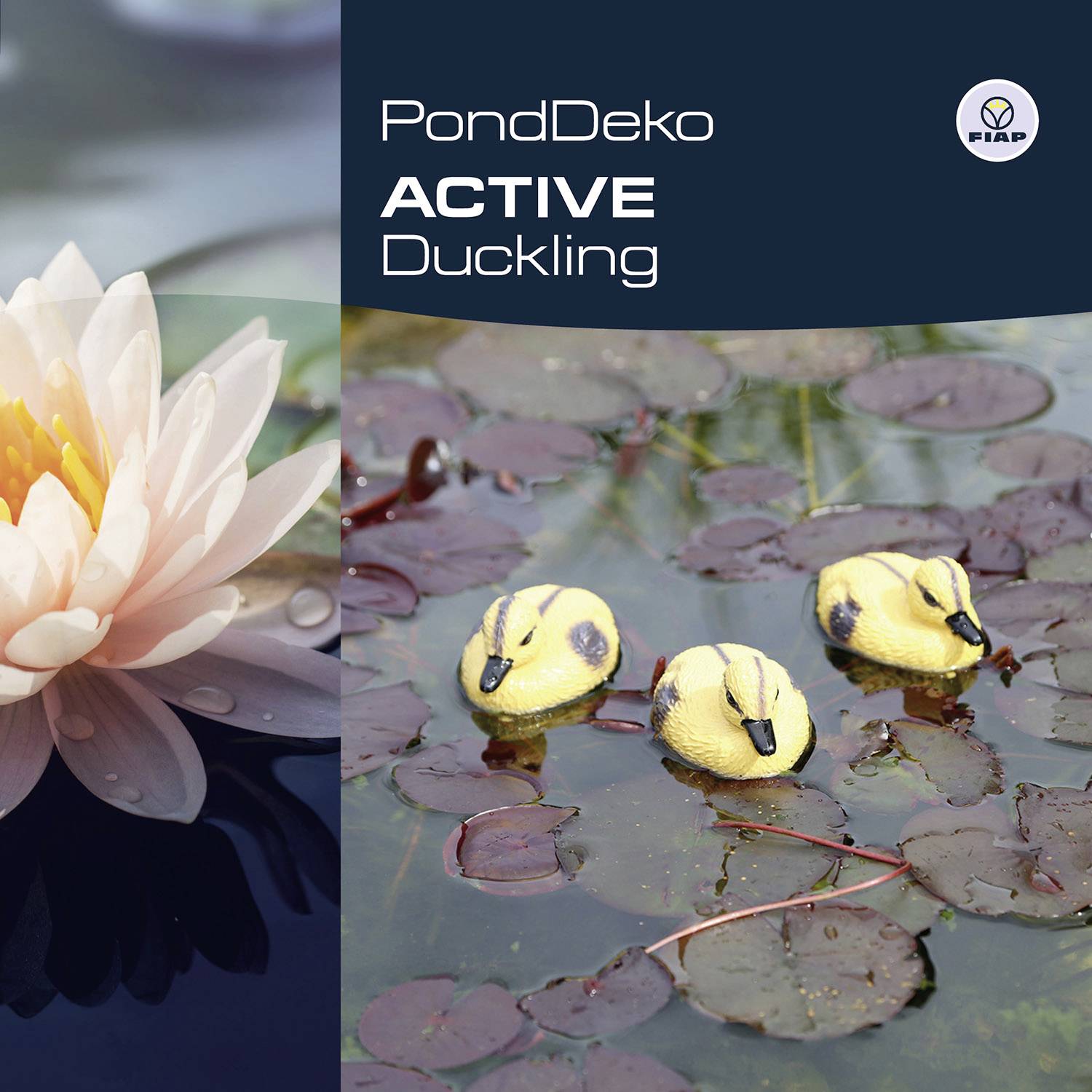 'PondDeko Duckling' depicts two yellow duck figures on a pond with water lily leaves. On the left, a blooming pink water lily.