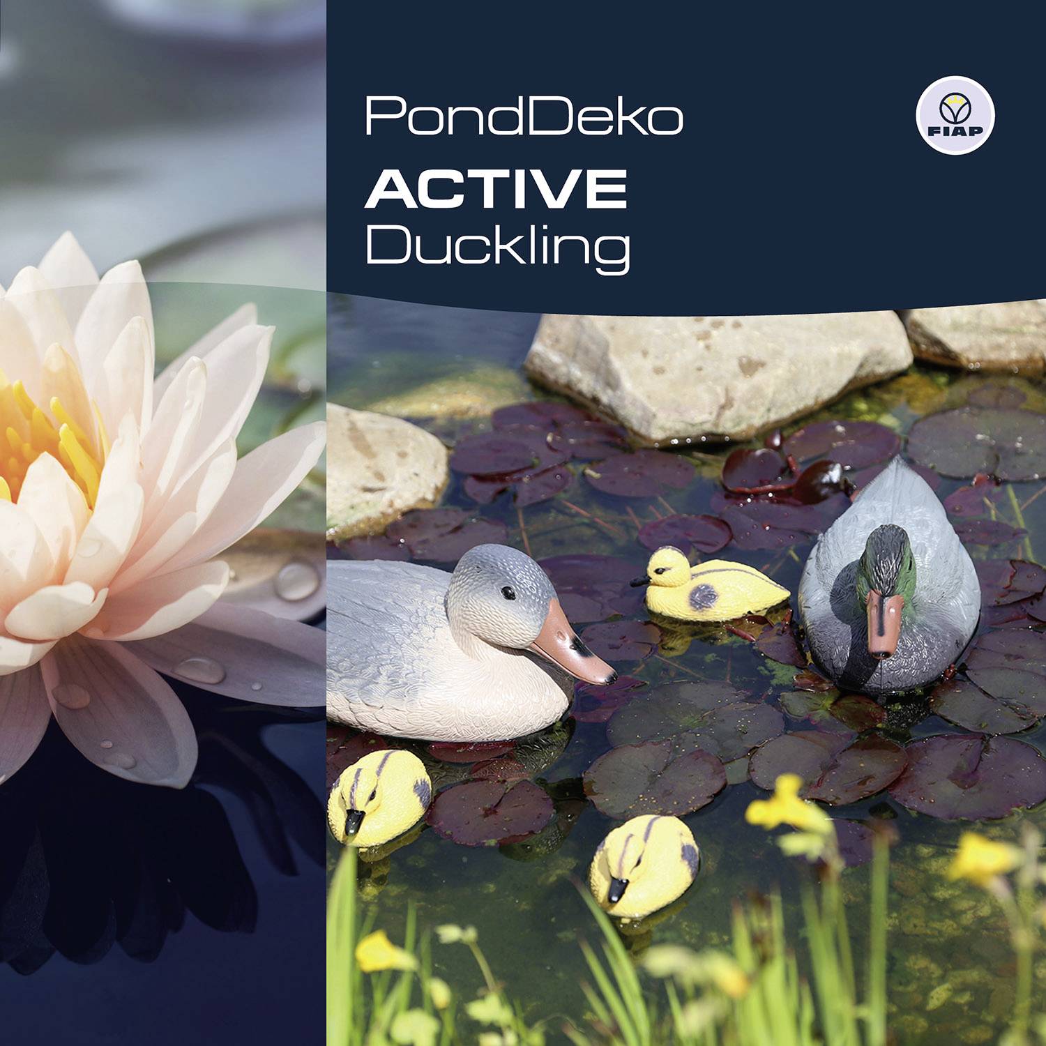 'PondDeko Duckling' packaging: Artificial duck family in a pond with water lily leaves and stones, decorative flower on the left. Brand: FIAP.