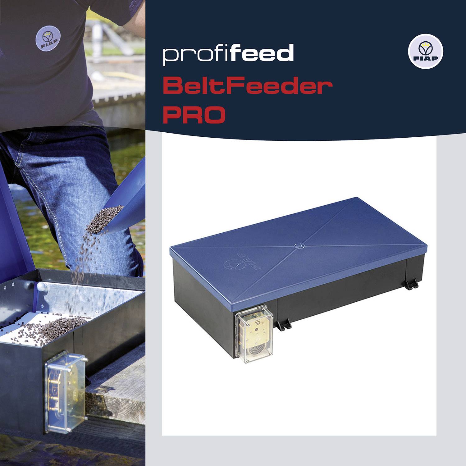 An automatic fish feeder is being filled. On the right side of the image, a close-up of the blue machine 'BeltFeeder PRO'.