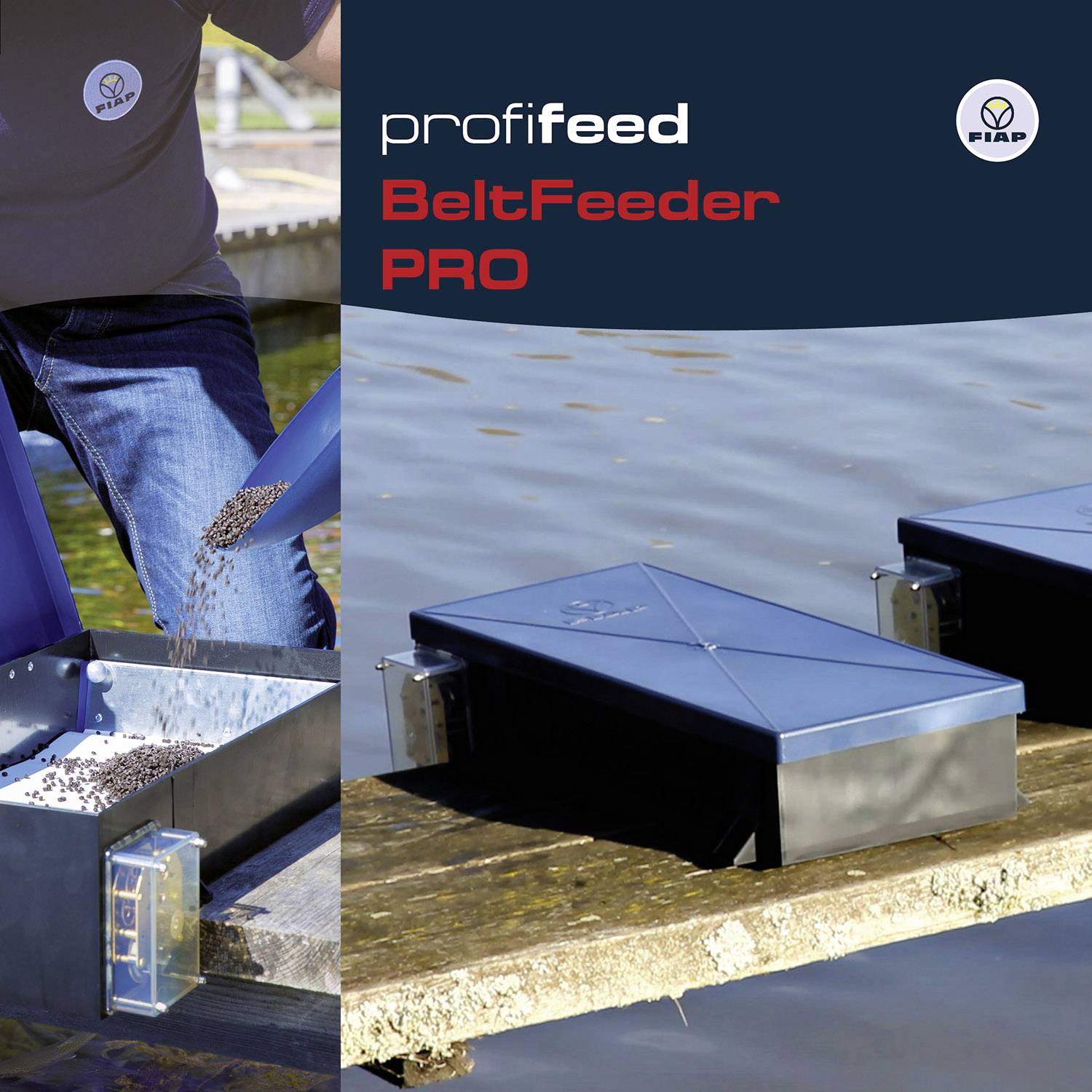 A person is filling a feeding device by the pond. Label reads 'profifeed BeltFeeder PRO'. FIB logo visible.