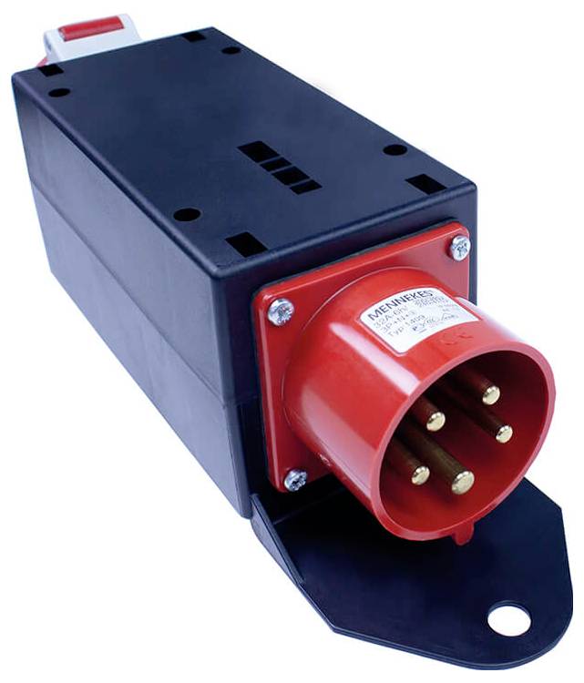 A red, six-pole industrial plug with a black housing and red activation switch, against a neutral background.