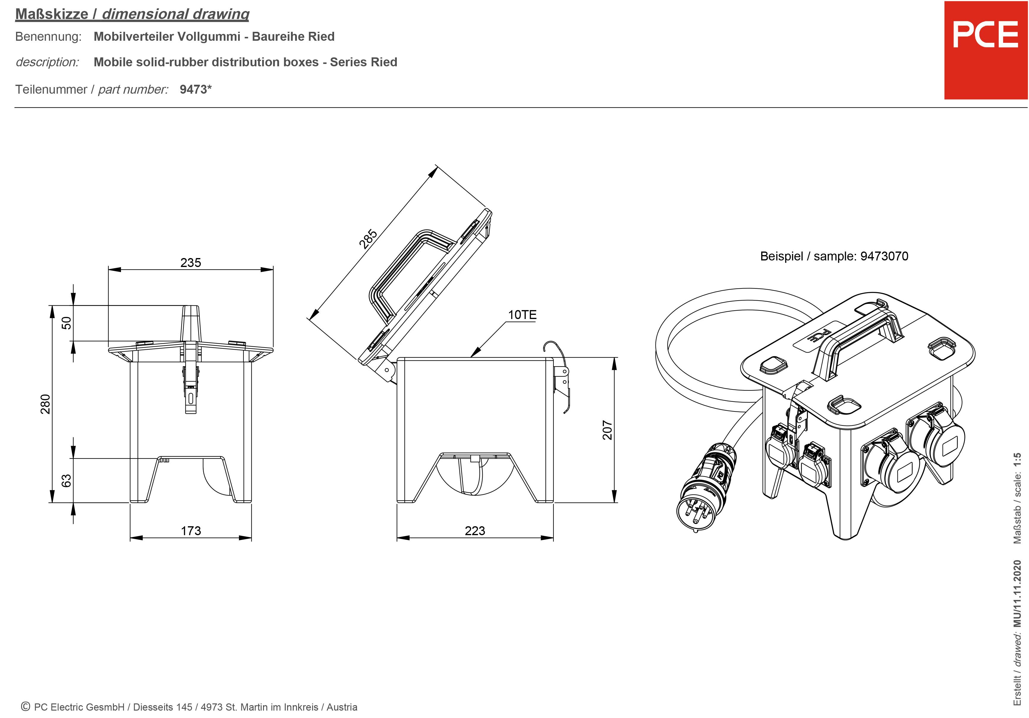 'Technical drawing of a mobile solid rubber distributor with carrying handle, multiple slots, and dimensions. Example number: 9473070.'