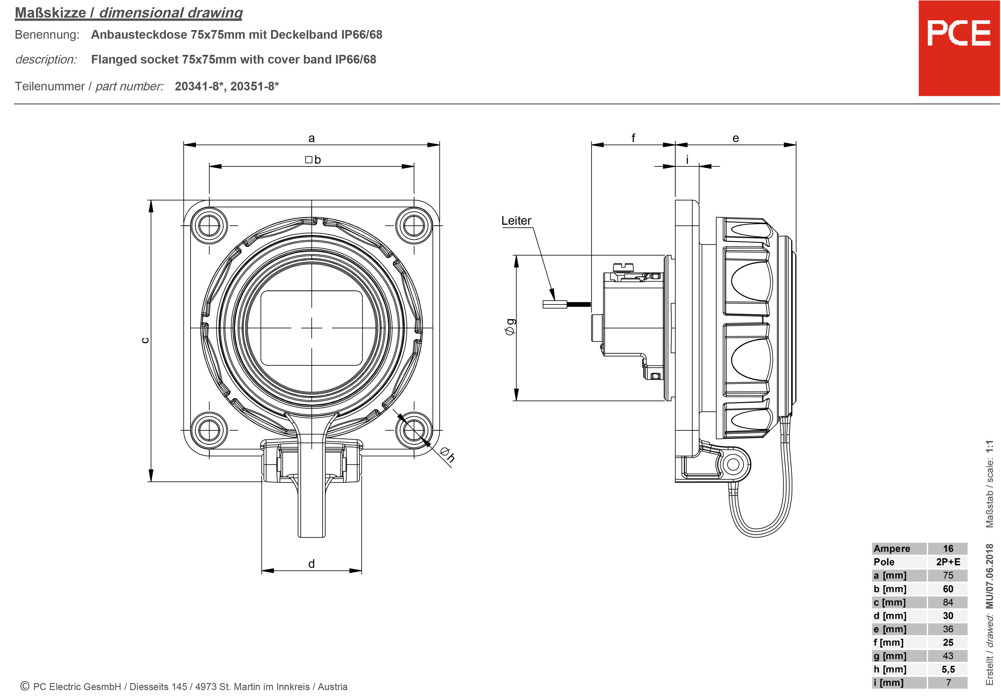 'Technical drawing of a flanged socket 75x75mm with cover band IP66/68. Front and side view, with dimensioning and product details.'