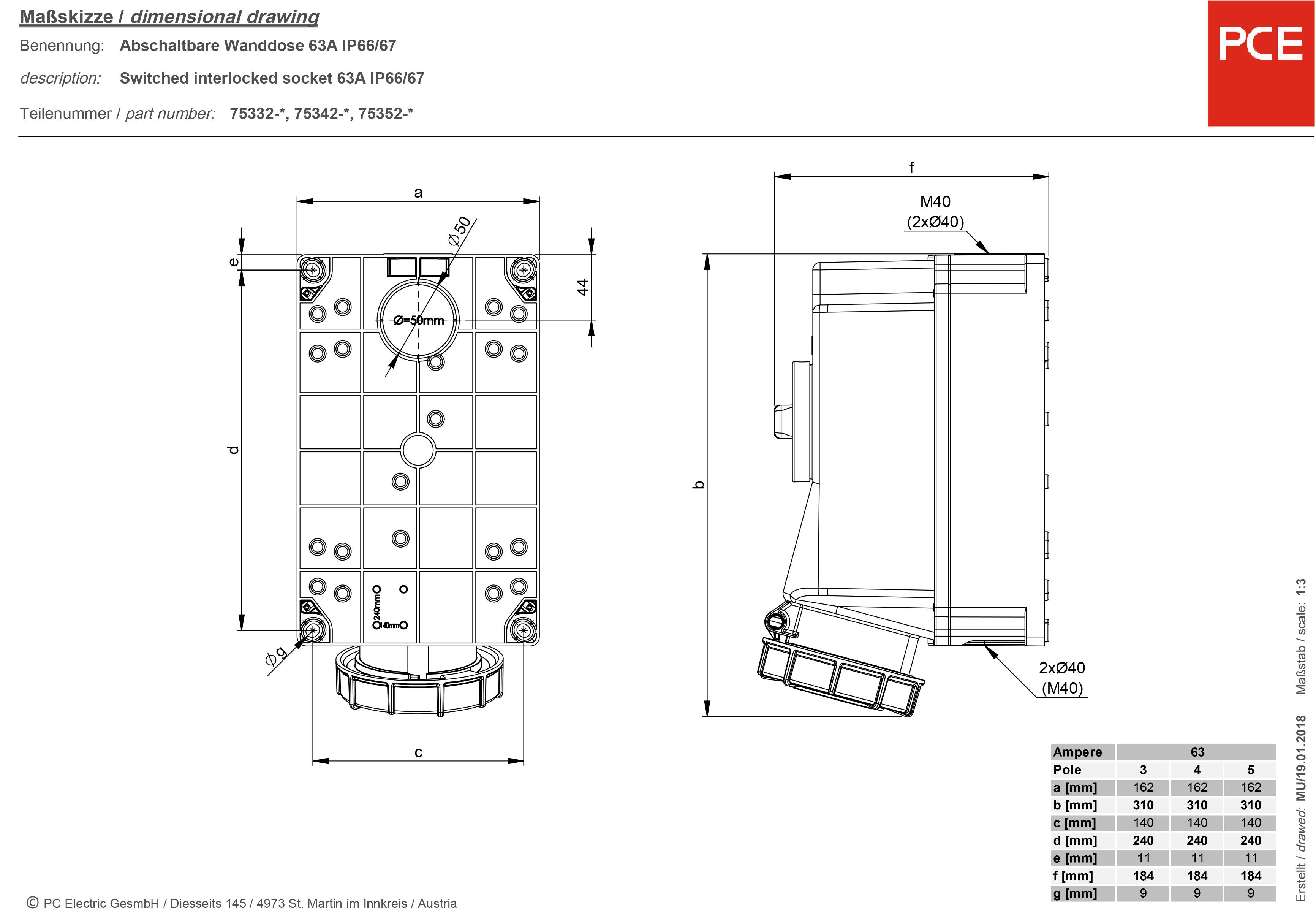 Dimensional drawing of a switchable wall socket, Model IP66/67. Left: Front view with dimensions. Right: Side view with dimensions. Above, red corner with 'PCE' logo.