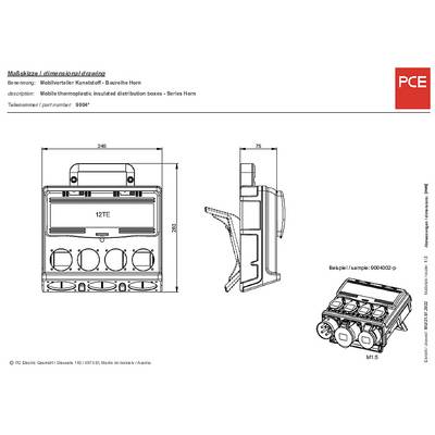 Dimensional sketch of a mobile distribution board in a metal enclosure 'Horn Series' with dimensions, side view and example view. 12-module capacity.