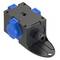 Black and blue electrical socket with protective cover and cable entry, mounted on a black mounting bracket.
