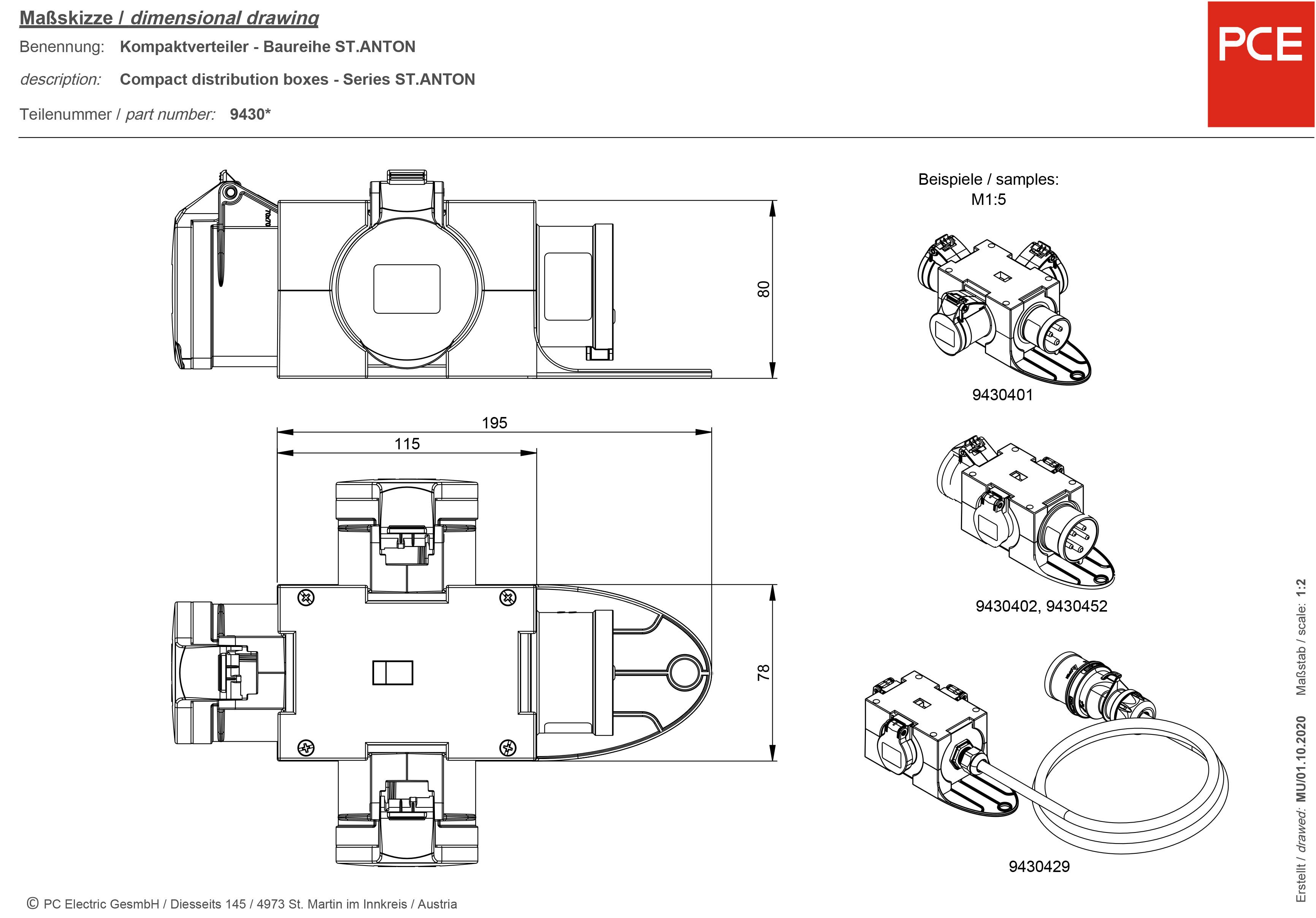 'Technical drawing of a compact distributor, Series ST.ANTON, with dimensions and top view. Examples: 9430401, 9430420, 9430429.'
