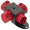 A red, three-pole CEE socket with protective covers and a robust housing, suitable for industrial applications.