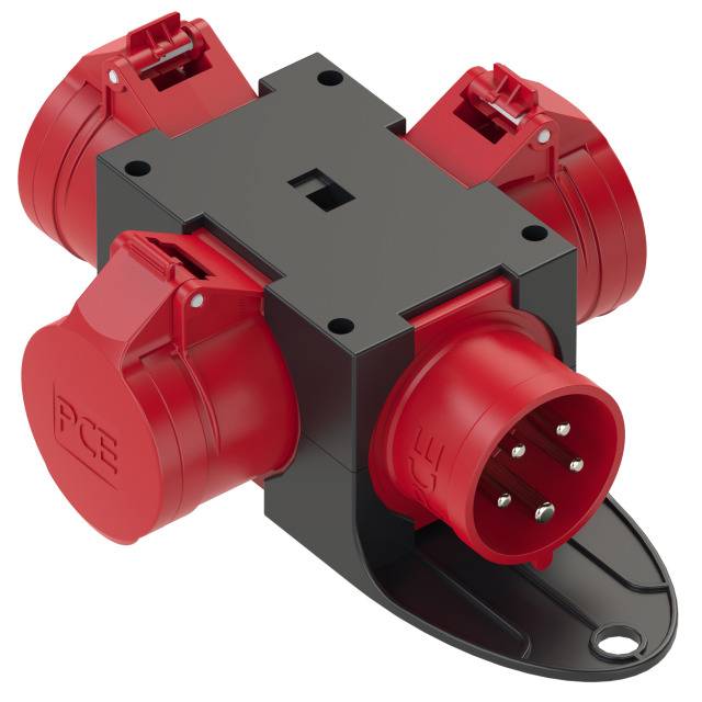 Red industrial multi-socket power outlet, suitable for high current loads, mounted on a black bracket.