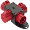 Red industrial multi-socket power outlet, suitable for high current loads, mounted on a black bracket.