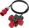 Red CEE extension cable with plug and socket, suitable for industrial applications. Four connection points visible.