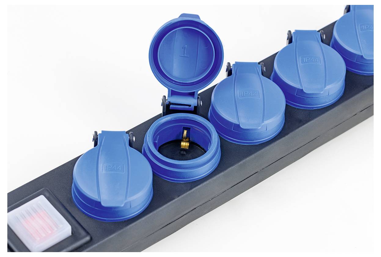 Blue multi-socket adapter with five sockets, one open, and a red switch on the left side.