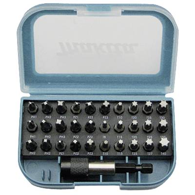 A set of various screwdriver bits in a blue plastic case. Contains 31 pieces including a holder.