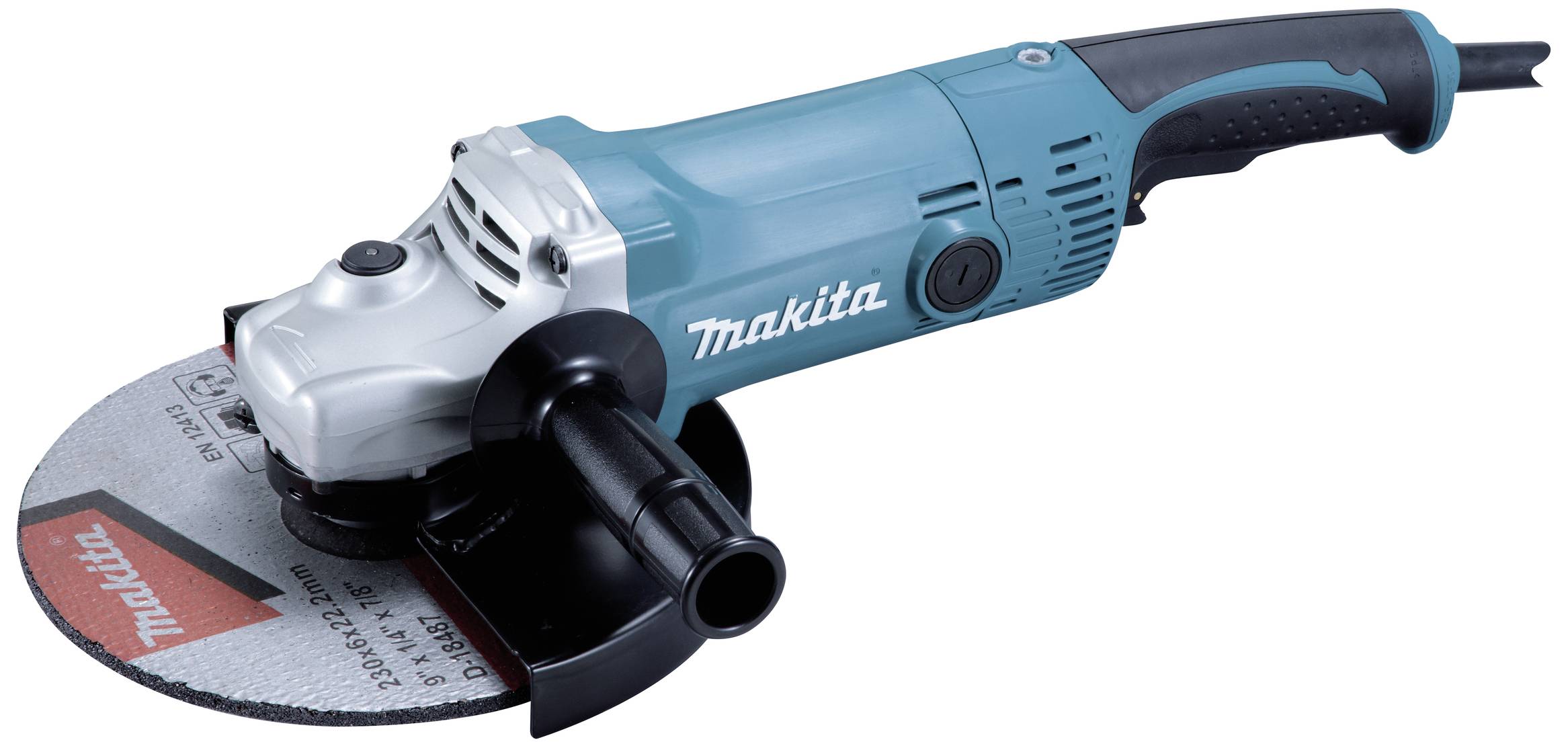 A blue angle grinder with a black handle and black safety guard. 'Makita' is written on the grinding surface.