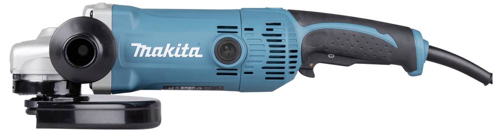 Blue Makita angle grinder, side view, with a black handle and circular blade cover.