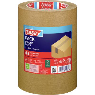 'Tesa pack strong paper packaging tape, medium weight, 3 rolls of 50m x 50mm each, eco-friendly, features a cardboard box image.'