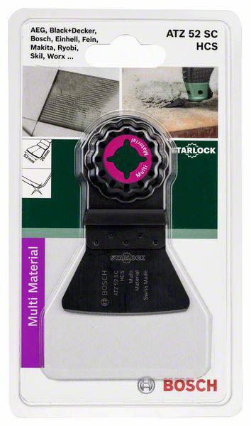 'Saw Blade Bosch ATZ 52 SC HCS for Multi-Material, compatible with various brands. Packaging shows application instructions.'
