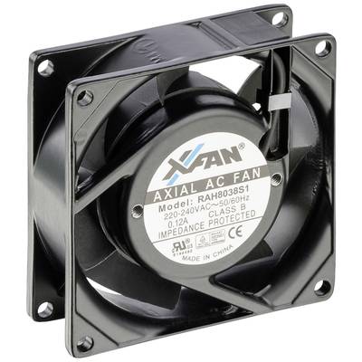 Black Axial Extractor Fan with inscription 'Axial AC Fan, Model: RAH8038S1, 220-240VAC, 50/60Hz, 0.12A, Class B, Impedance Protected'.