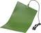 A green heating mat with power cable and plug is slightly curved. It is used for heating surfaces or terrariums.