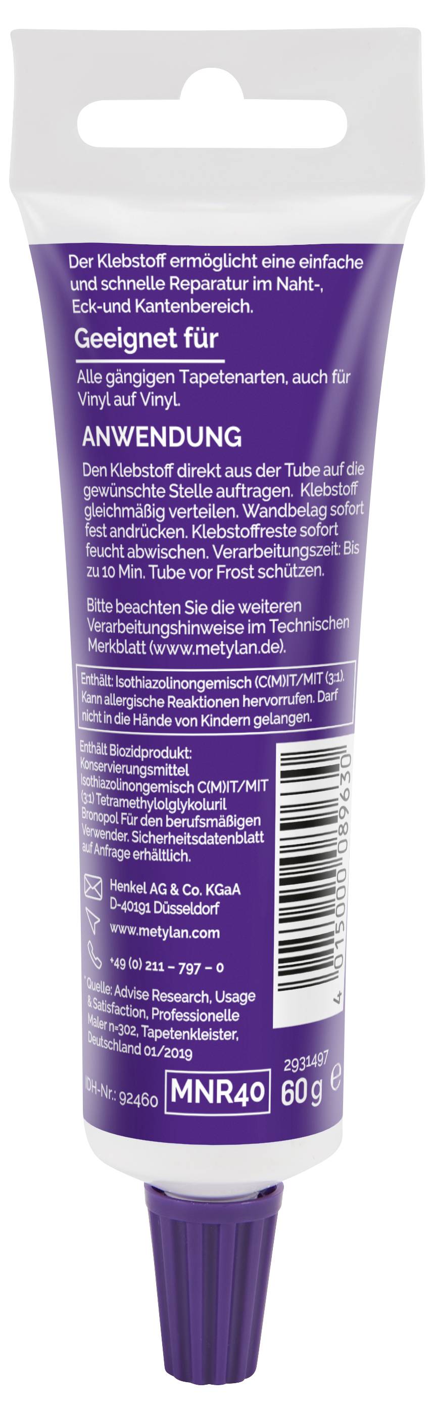 'Purple tube of glue for wallpaper applications, labeled for suitable wallpaper types like paper or vinyl. Contains 60g with instructions.'