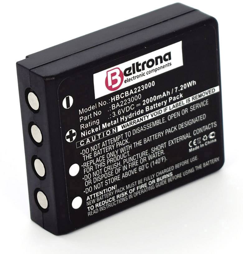 Black battery pack by Beltrona with 2000mAh capacity. Safety and handling text warnings are visible.
