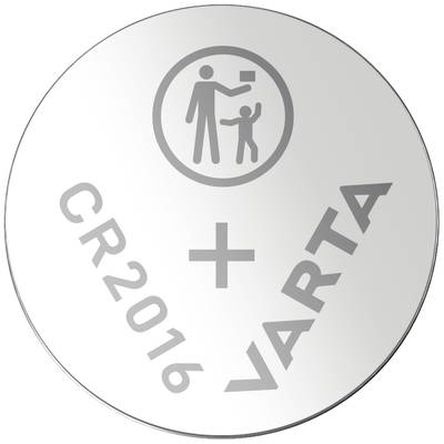 Silver button cell with 'CR2016 VARTA' printed on it. Symbol shows an adult and child with a battery.
