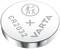 Silver button battery with 'CR2032' and 'VARTA' printed on it. At the top, a symbol: an adult and child within a circle.