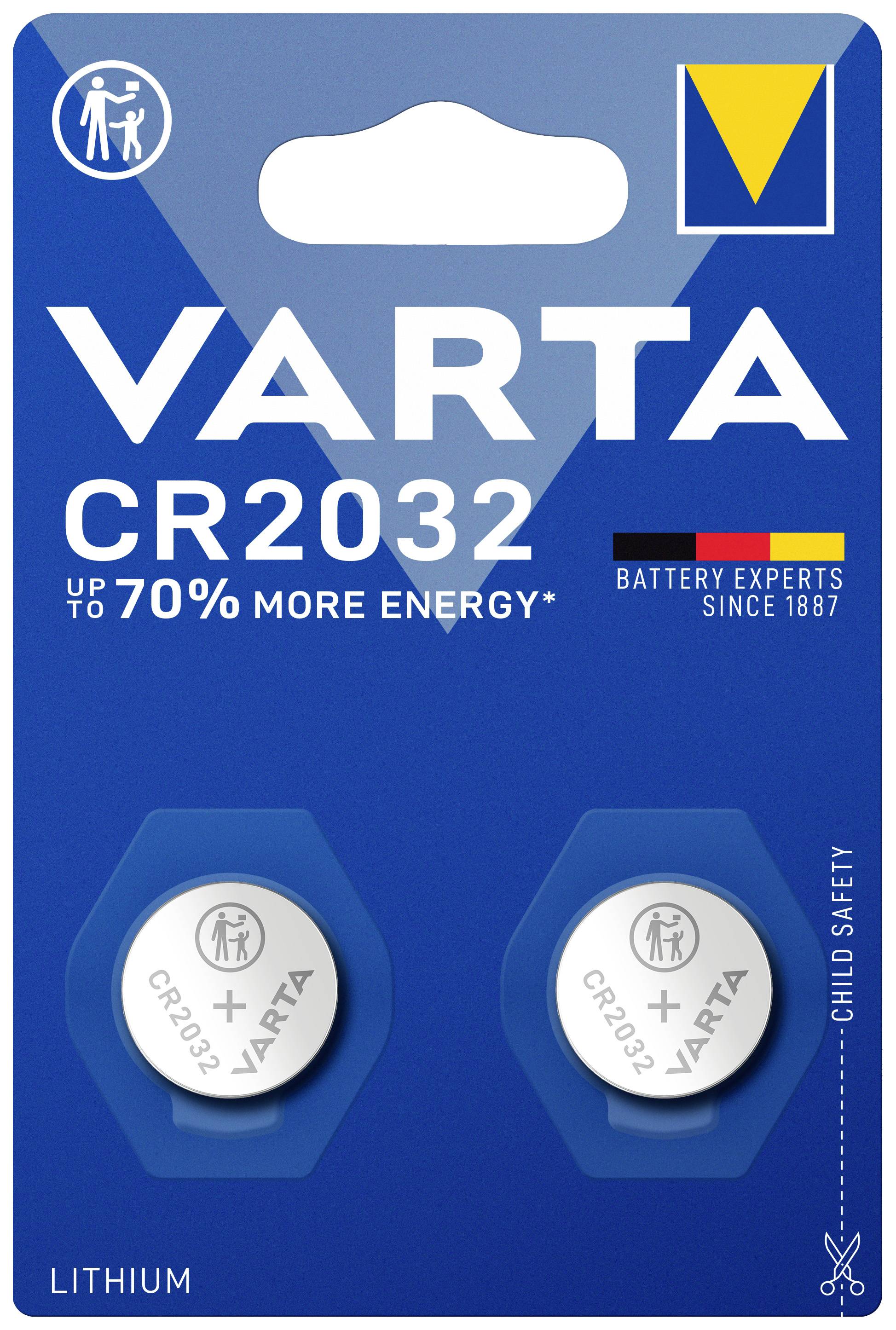 Varta CR2032 batteries, two pieces in a blister pack. Information texts: 'up to 70% more energy', 'since 1887', 'child-safety'.