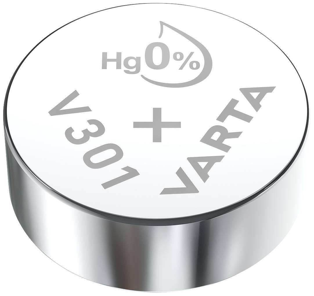 Silver-coloured button cell battery with the inscription 'Hg 0%', 'V301', and 'Varta'.