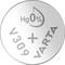 A silver button cell battery with the inscription 'Hg 0%', 'V309', 'VARTA'.