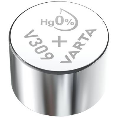 A silver button cell battery with the inscription 'Hg 0%', 'V309', and 'VARTA', indicates that it is mercury-free.