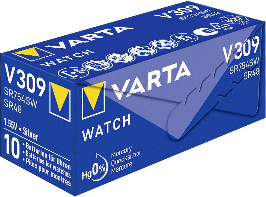 Battery pack by Varta for watches, Model V309, 1.55V, silver, mercury-free, contains 10 batteries.