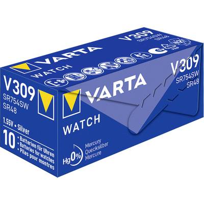 Battery pack by Varta for watches, Model V309, 1.55V, silver, mercury-free, contains 10 batteries.