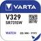 The image shows a packaging of VARTA batteries, model V329 SR731SW, with the intended use of 'WATCH'. A QR code is visible.