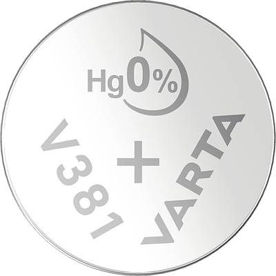 'VARTA' button cell battery with the inscription 'Hg 0%', model number 'V381'. No mercury content.