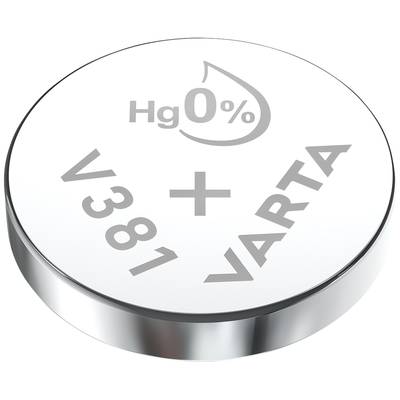 Round silver battery with inscription 'Hg 0%', 'V381' and 'VARTA'.