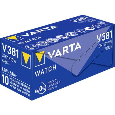 Blue packaging of Varta watch batteries, Type V381, with details such as '1.55V', 'Silver', 'Hg 0%', for wristwatch use.