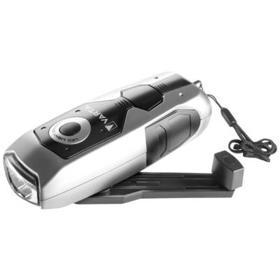 Silver LED torch with a black switch and crank handle. 'VARTA' brand name on the surface, with a black wrist strap.