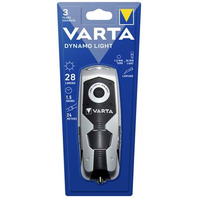 Packaging for a VARTA Dynamo Light Torch with 28 Lumens, 1.5-hour runtime, illuminates up to 24 metres. Includes lanyard.