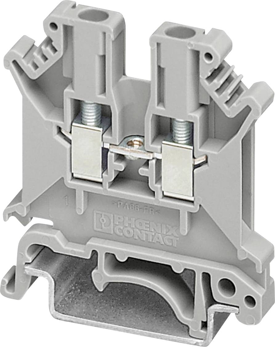 A gray Phoenix Contact terminal block with dual wire entry points and metal connection components.