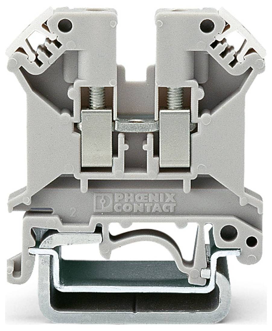 Grey industrial terminal block with dual wiring slots, clamping mechanism, and metal mounting clip at the base. Branded 'Phoenix Contact'.